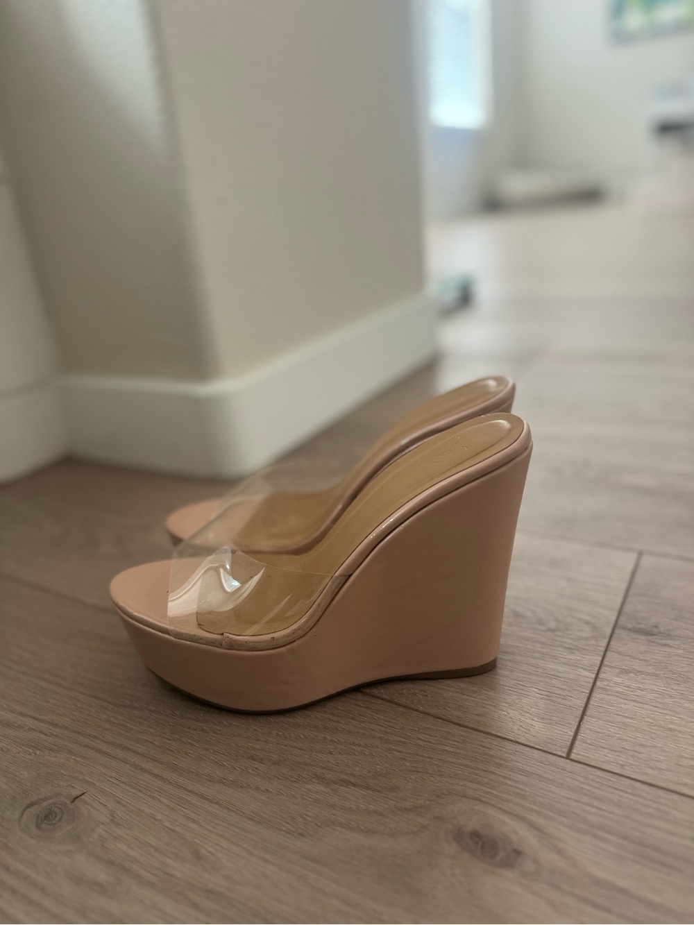 Nude Clear Strap Wedge Sandals - Women's Platform Heels